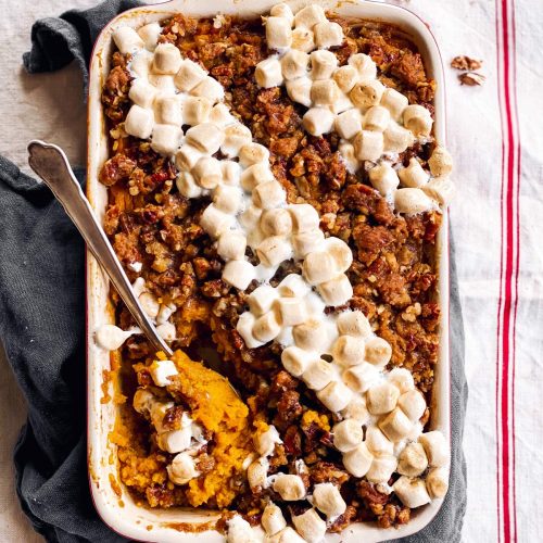 overhead view of sweet potato casserole