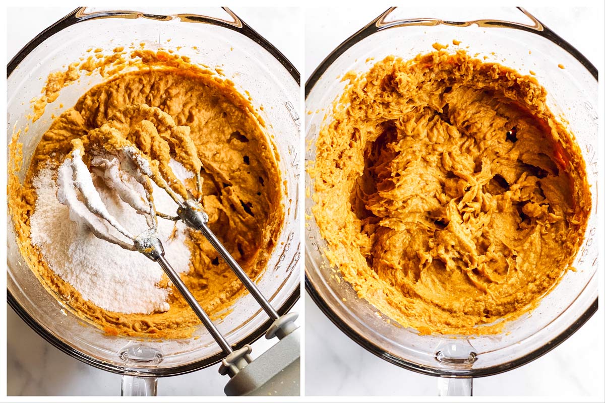 collage showing how to stir instant vanilla pudding into pumpkin dip