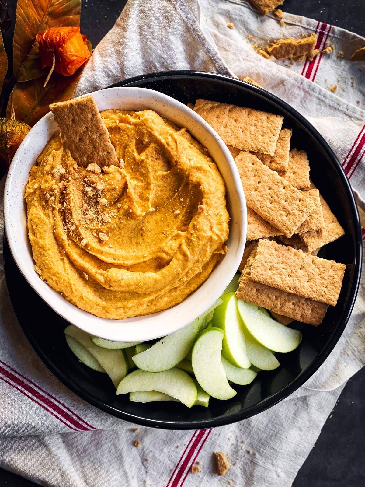 overhead view of table setting with pumpkin fluff dip