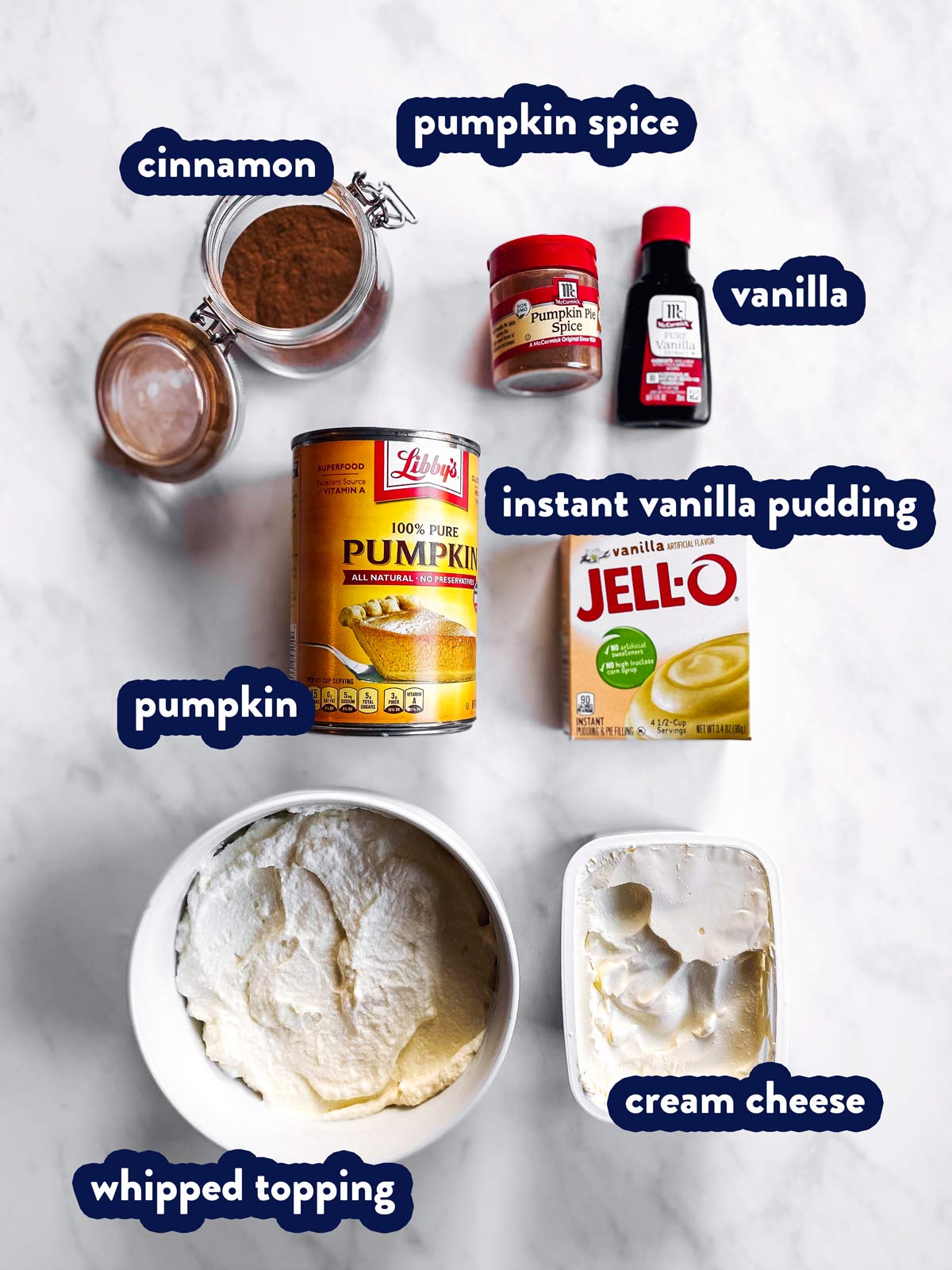 ingredients to make pumpkin fluff dip with text labels