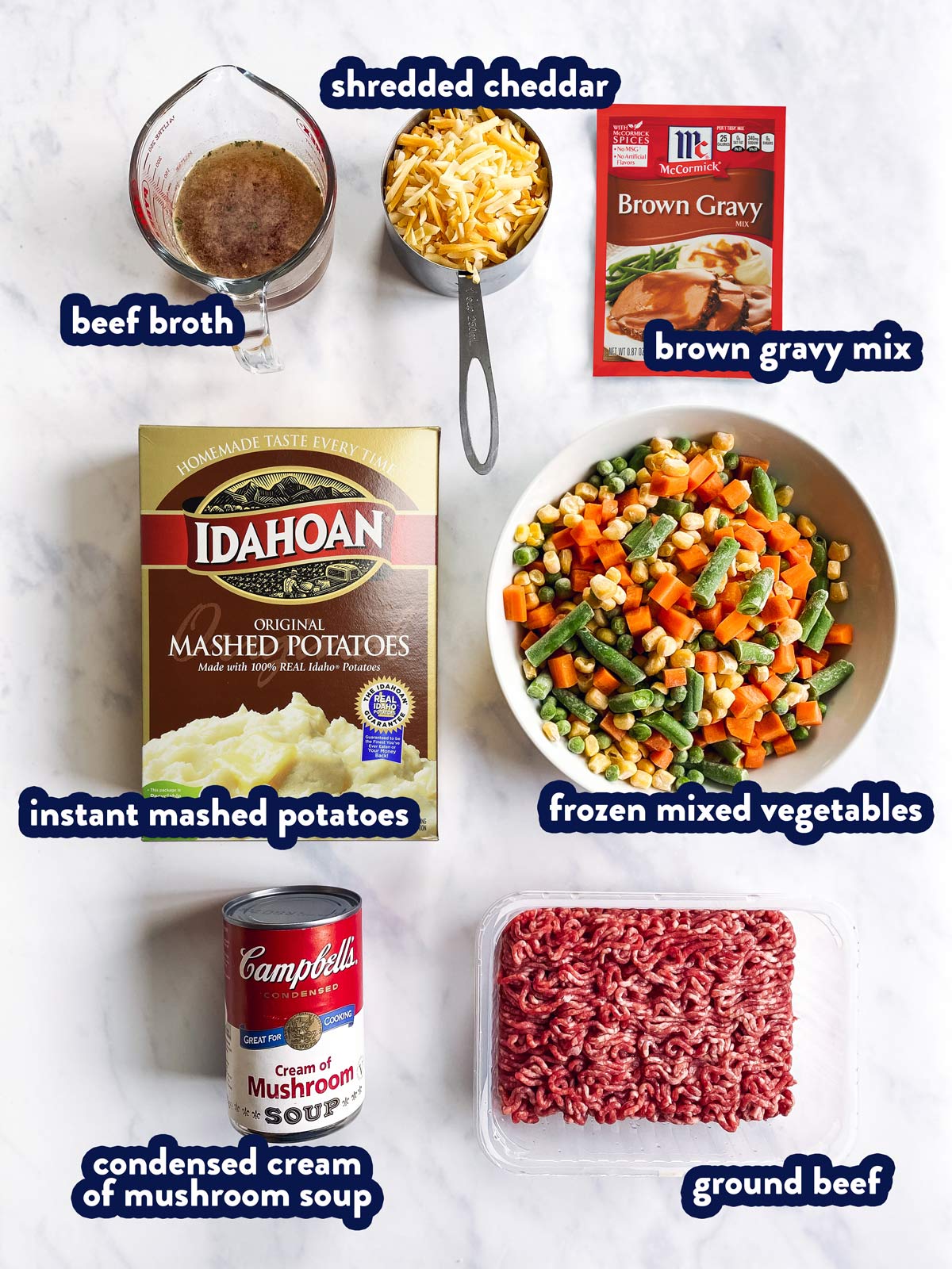 ingredients for shepherd's pie with text labels