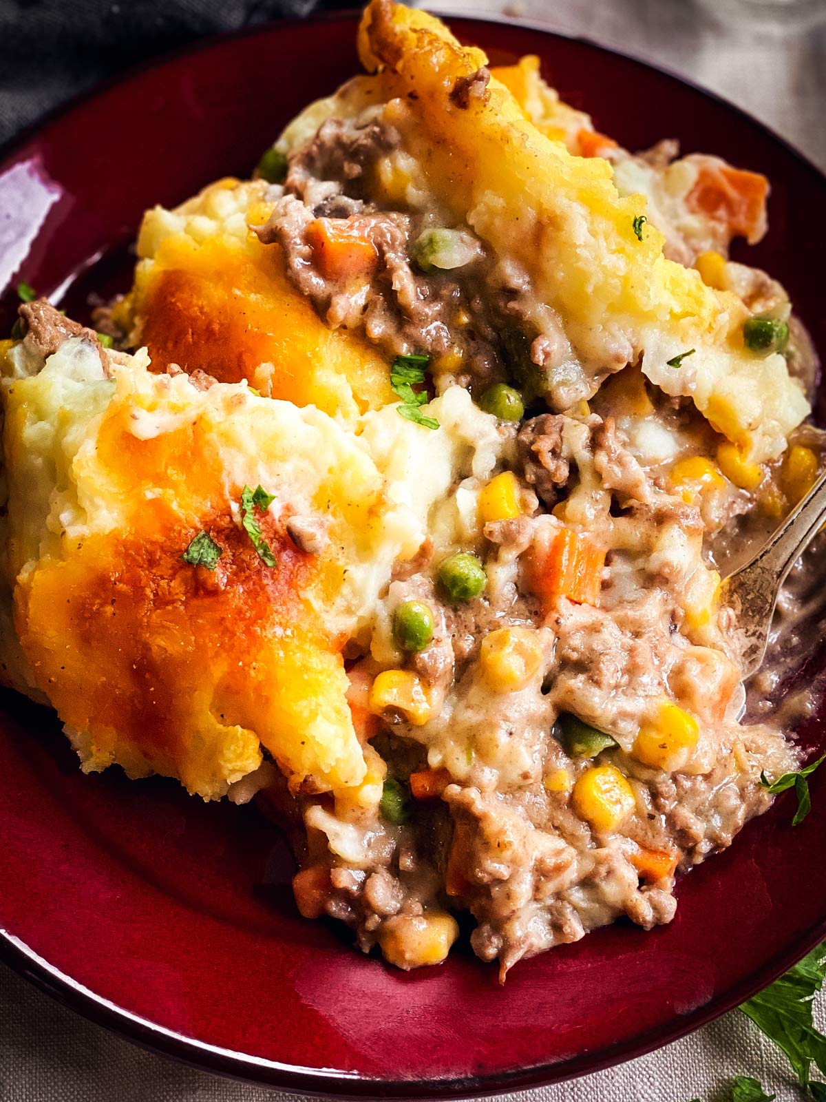 close up of shepherd's pie on red dinner plate