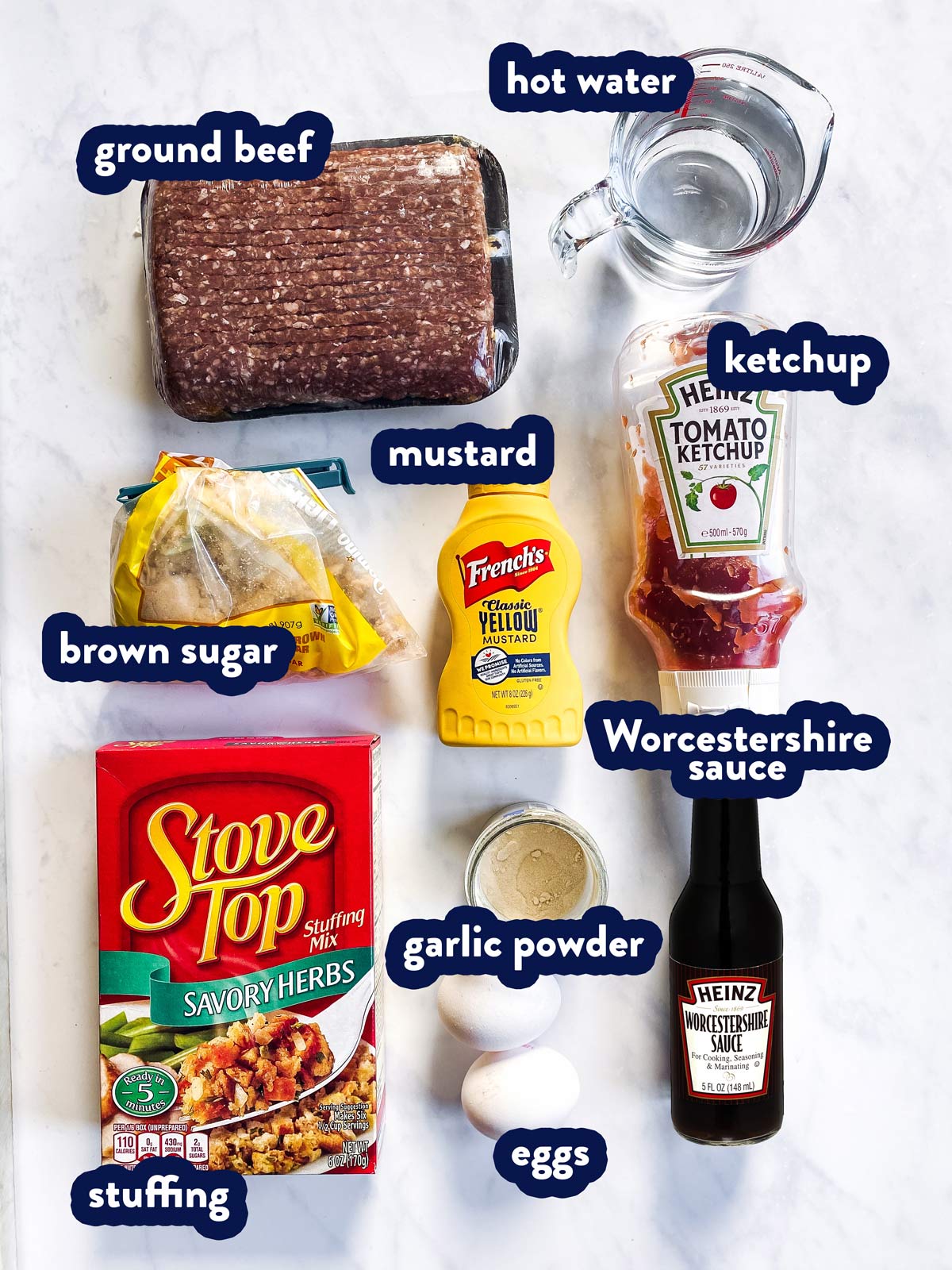 ingredients for meatloaf with stuffing with text labels
