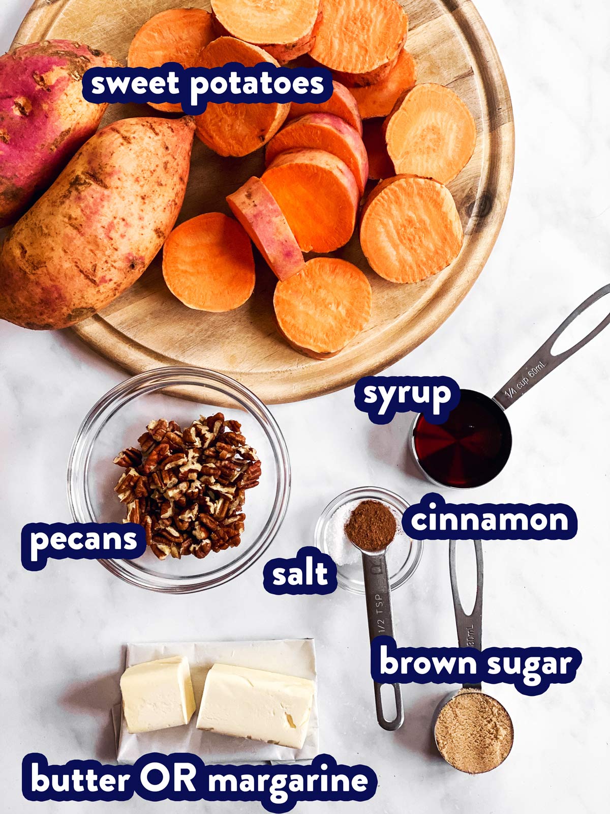 ingredients for baked sweet potato slices with text labels