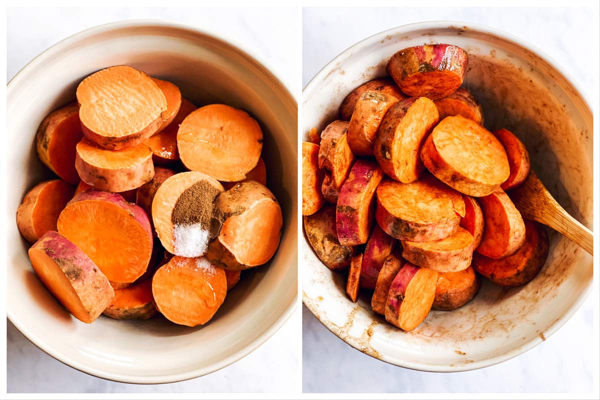 collage of photos to show tossing sweet potato slices with butter and seasoning