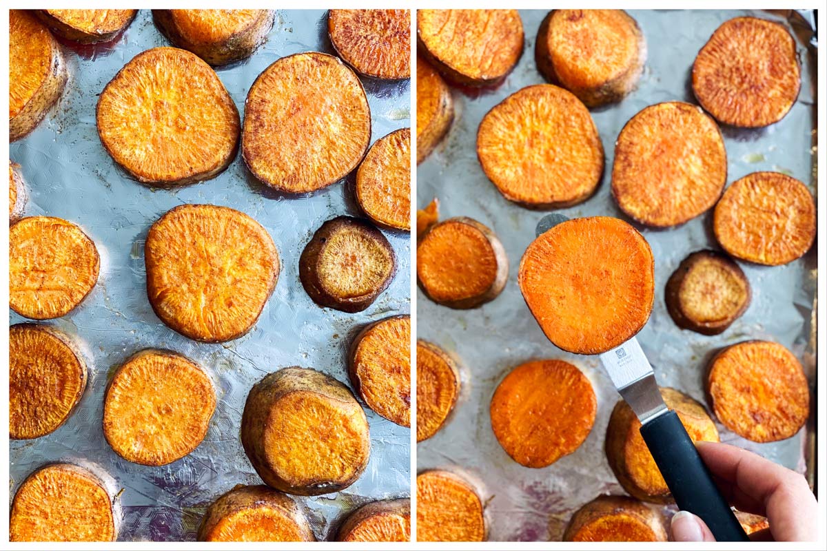 collage of images to show flipping baked sweet potato slices