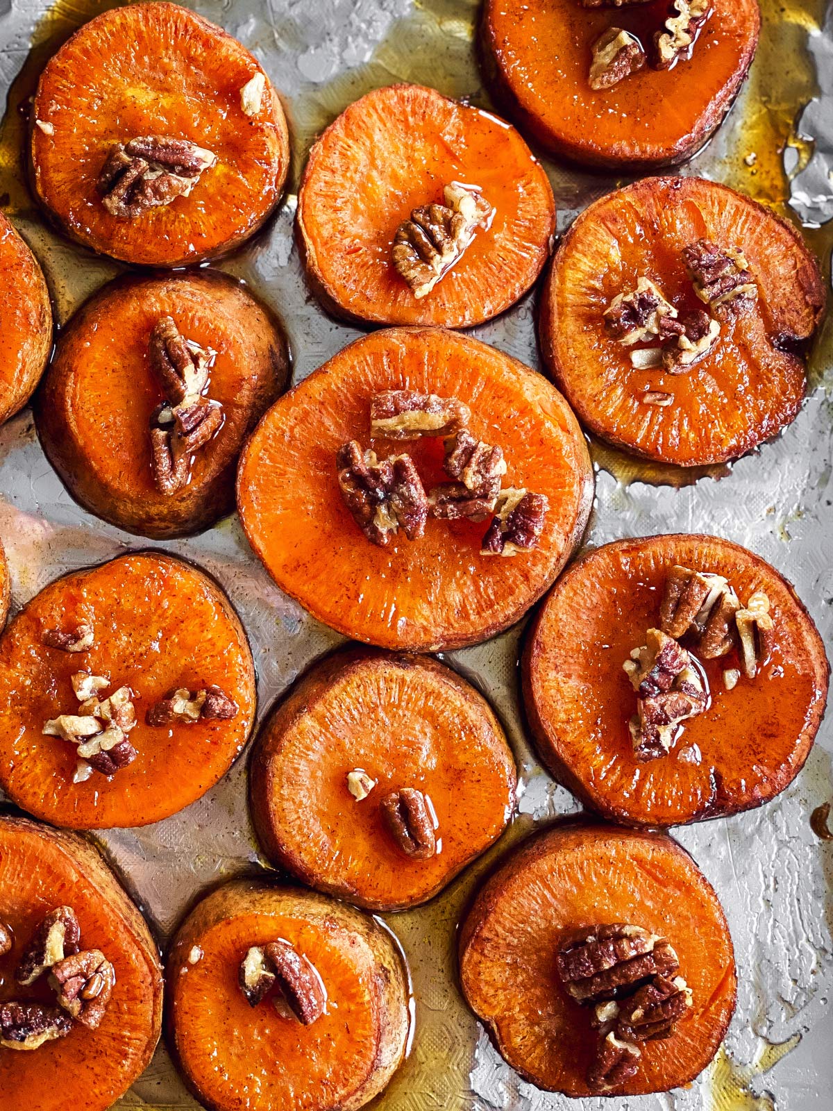 overhead view of baked sweet potato slices