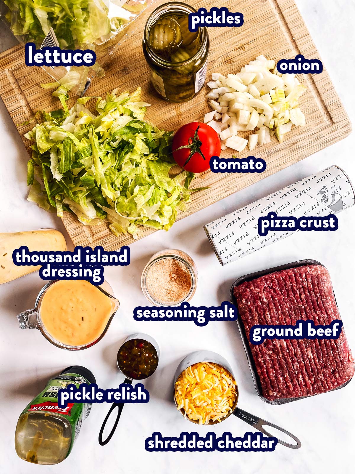 ingredients for Big Mac pizza with text labels