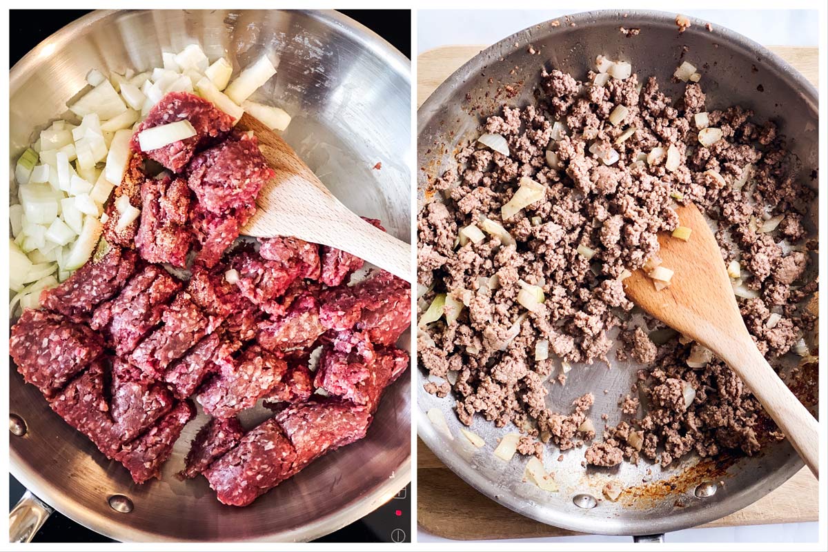 collage to show steps of browning beef and onion