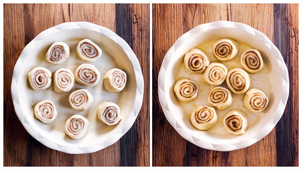 collage of photo to show sliced cinnamon rolls before and after proofing