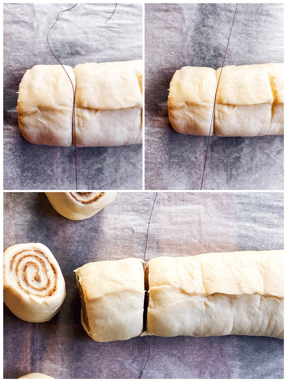 collage of photos to show slicing of unbaked cinnamon rolls