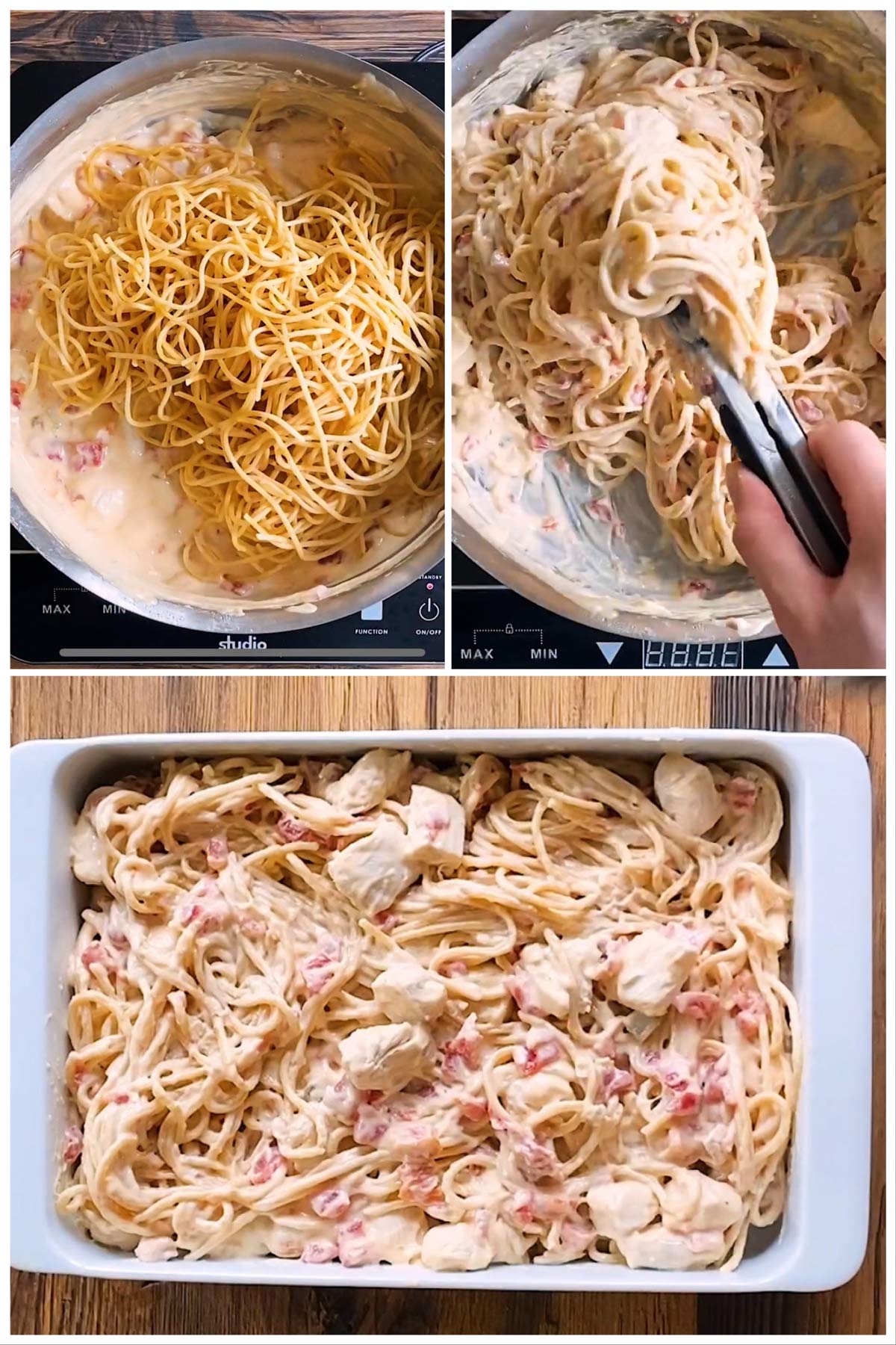 steps to show assembling chicken spaghetti