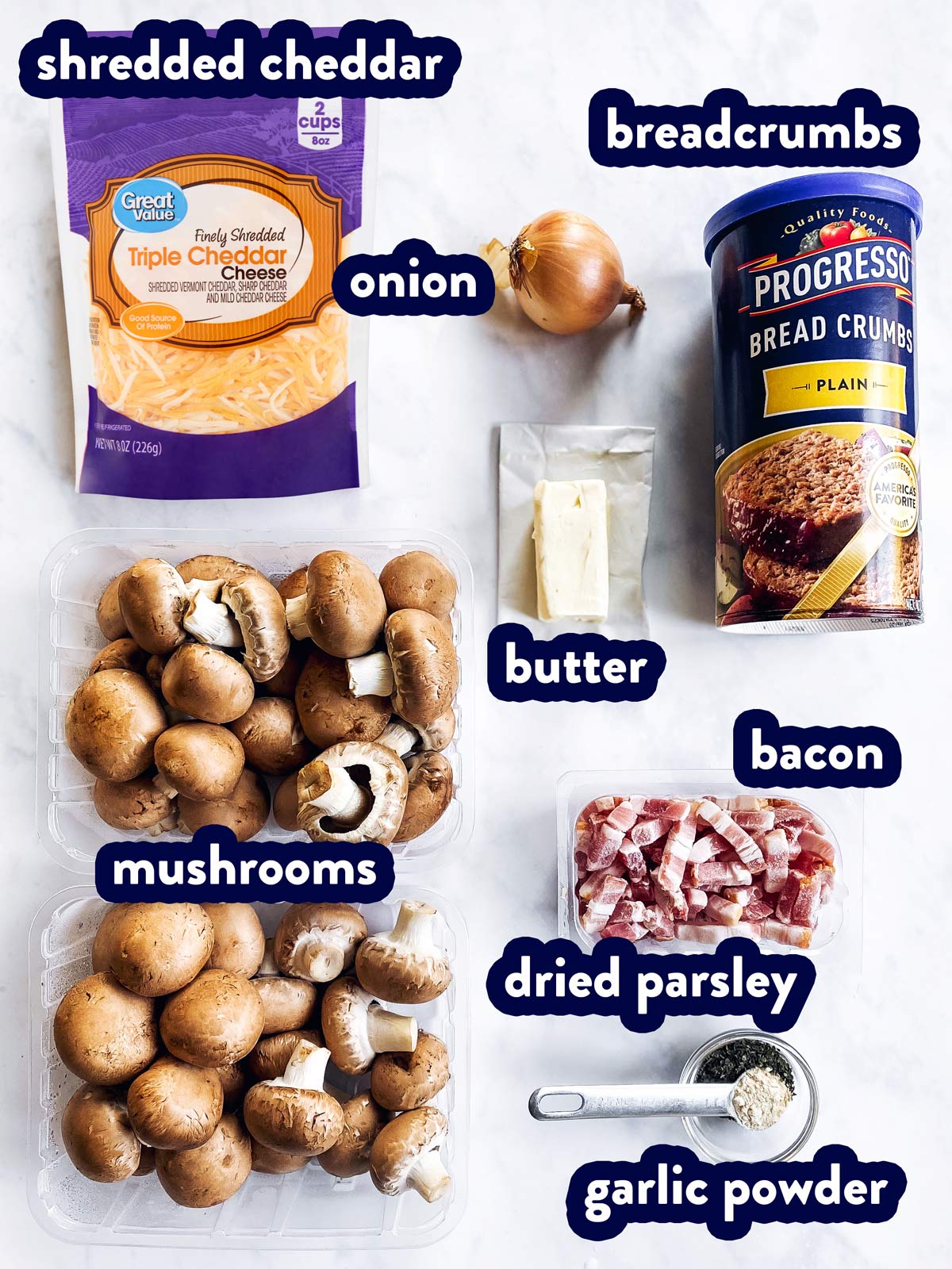 ingredients for stuffed mushrooms with bacon with text labels