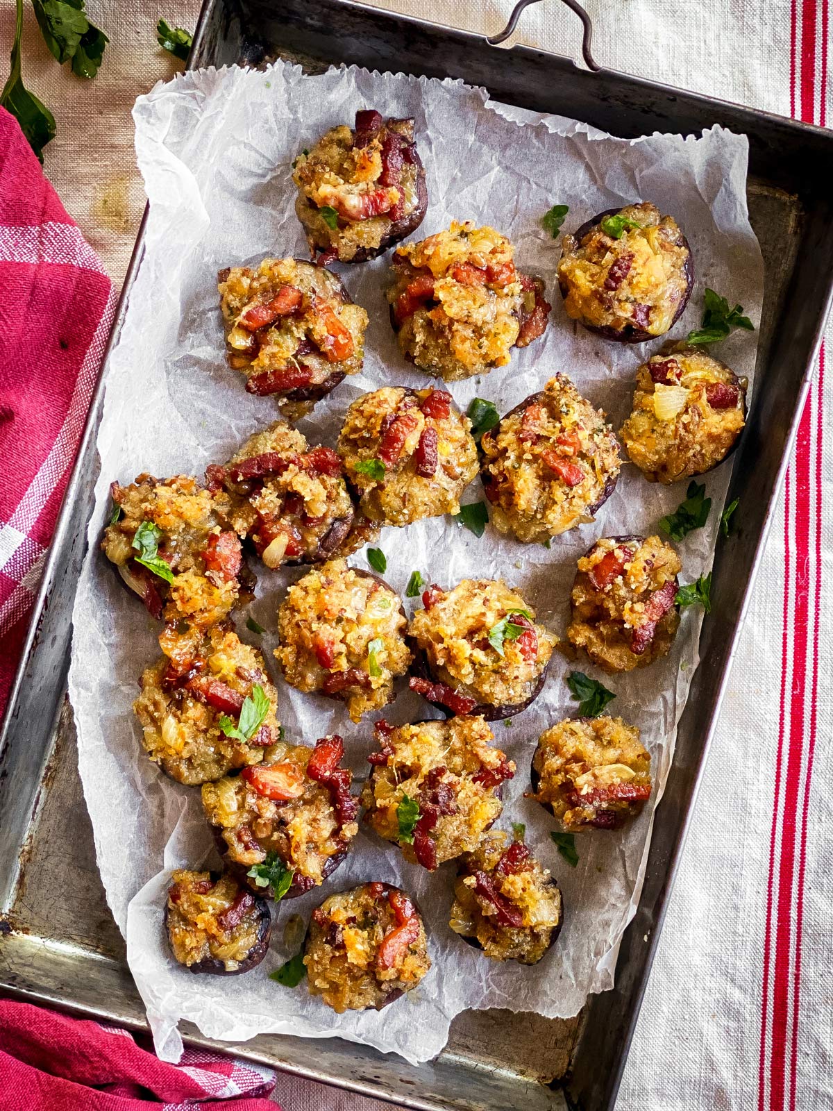 baking sheet with bacon stuffed mushrooms