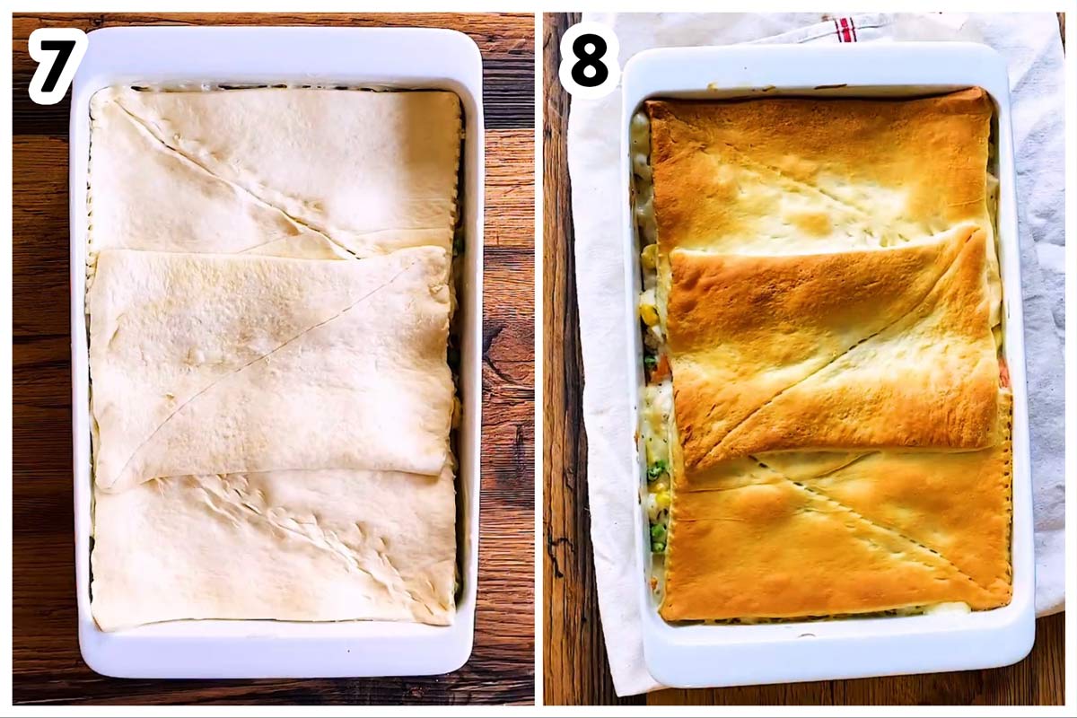 collage to show turkey pot pie before baking and after baking