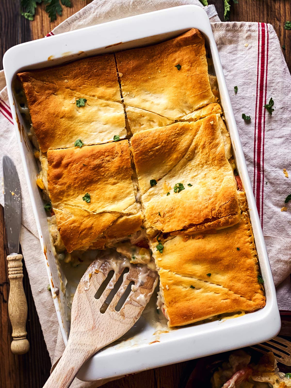 turkey pot pie in white casserole dish from above