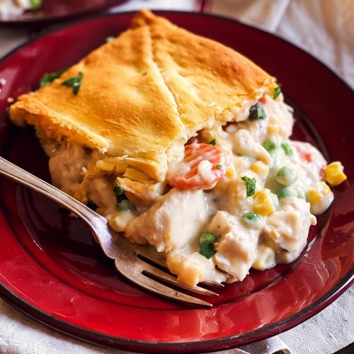 slice of leftover turkey pot pie on red plate
