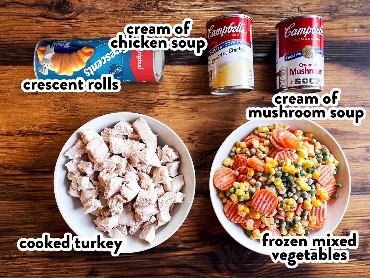 ingredients for turkey pot pie with text labels