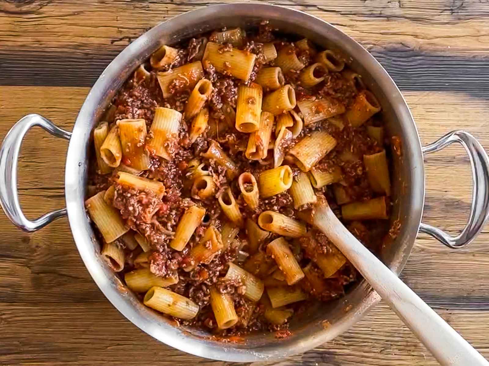 rigatoni with meat sauce in skillet