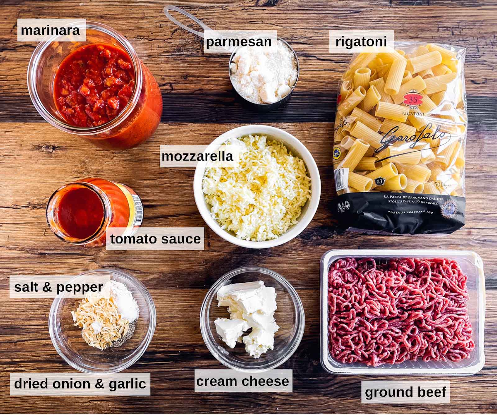 ingredients for baked rigatoni bolognese with text labels