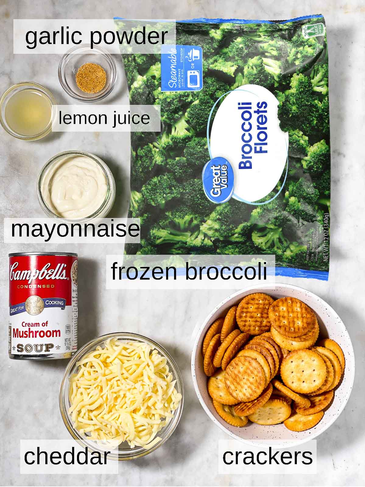 ingredients for ritz broccoli casserole with text labels