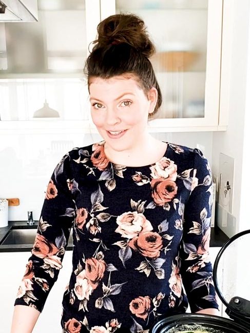 woman in floral shirt