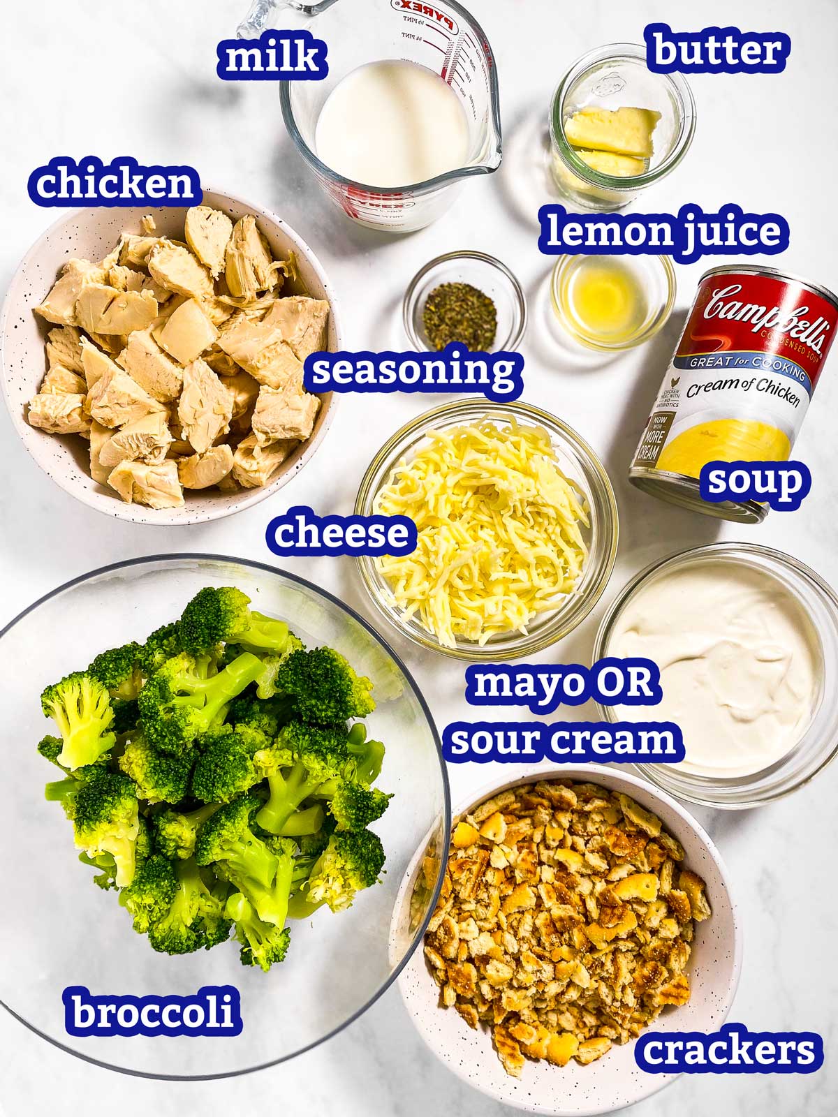 ingredients for ritz chicken broccoli casserole with text labels