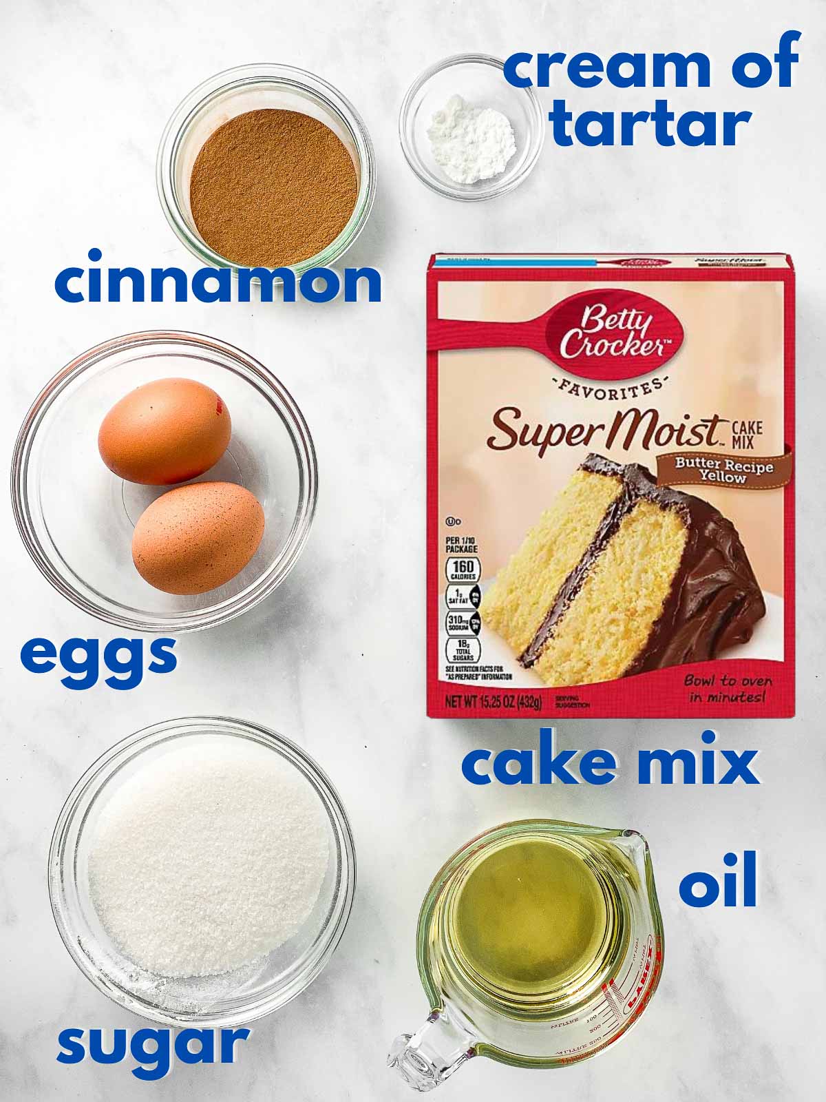 ingredients for cake mix snickerdoodles with text labels