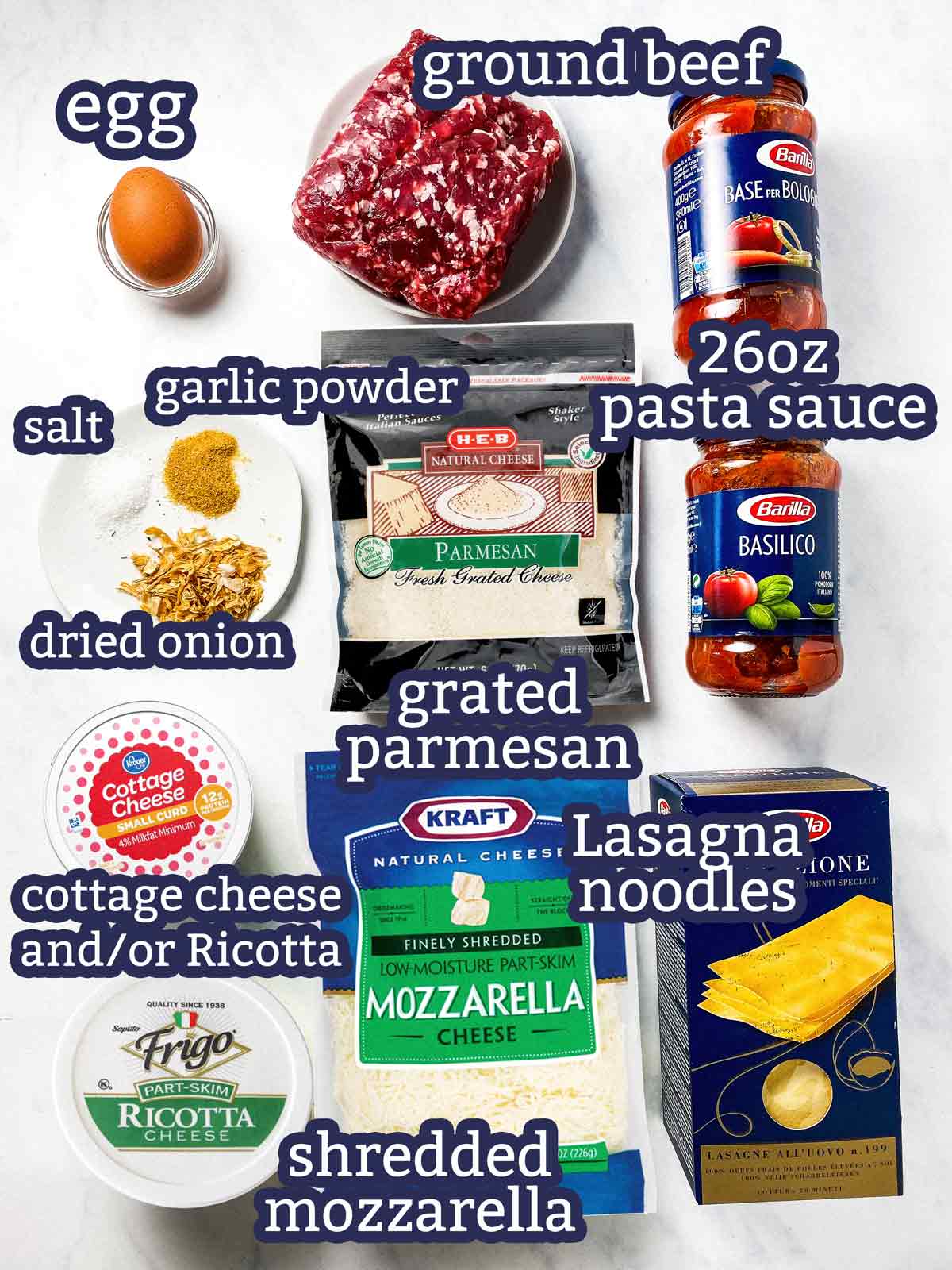 ingredients for crockpot lasagna with text labels