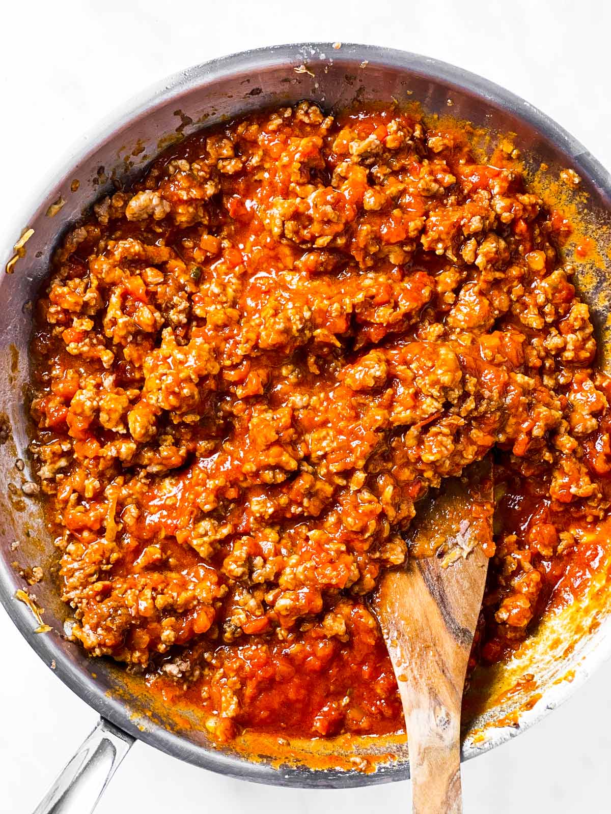 meat sauce in stainless steel skillet