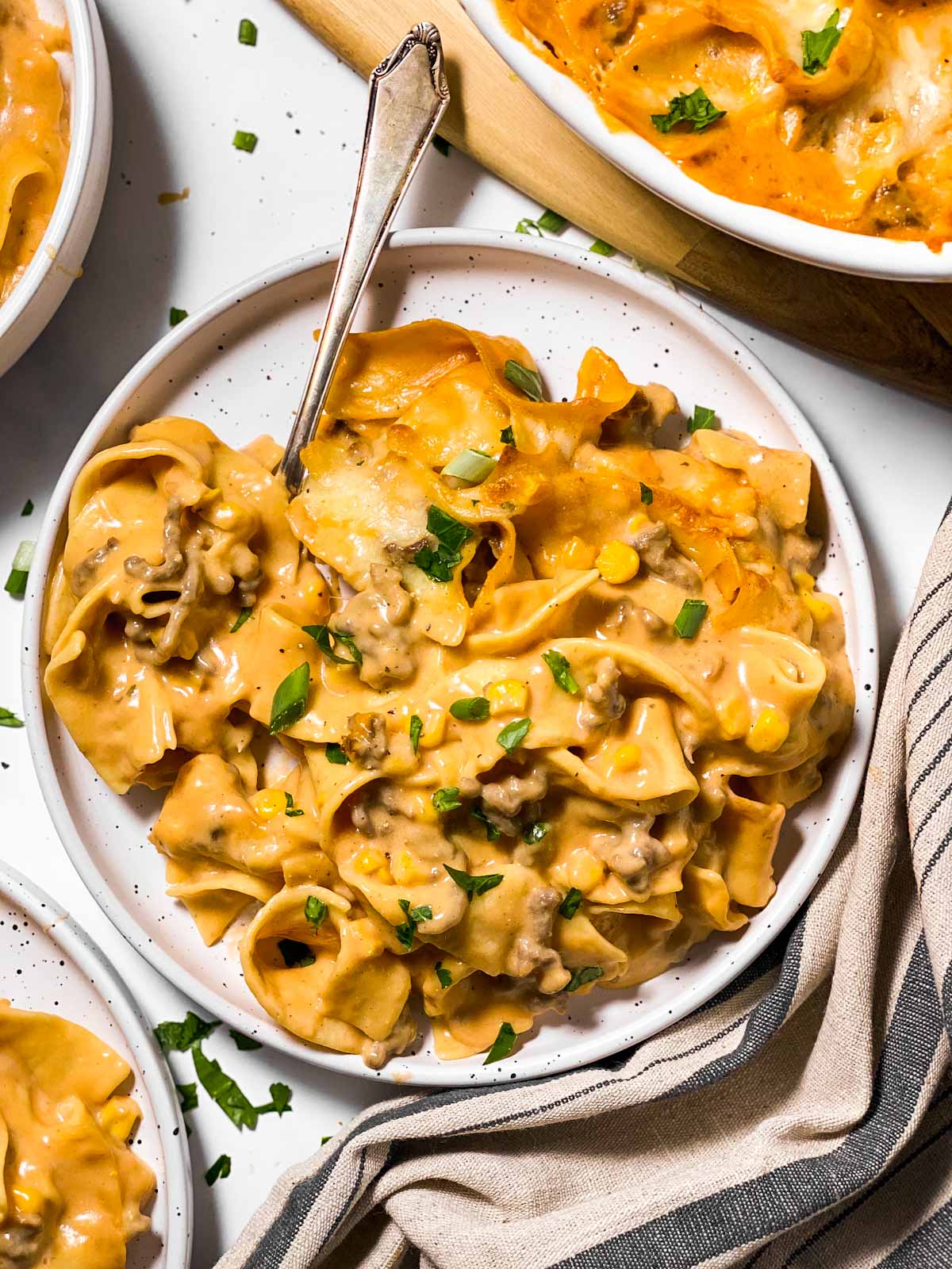 overhead view of plate filled with hamburger noodle casserole