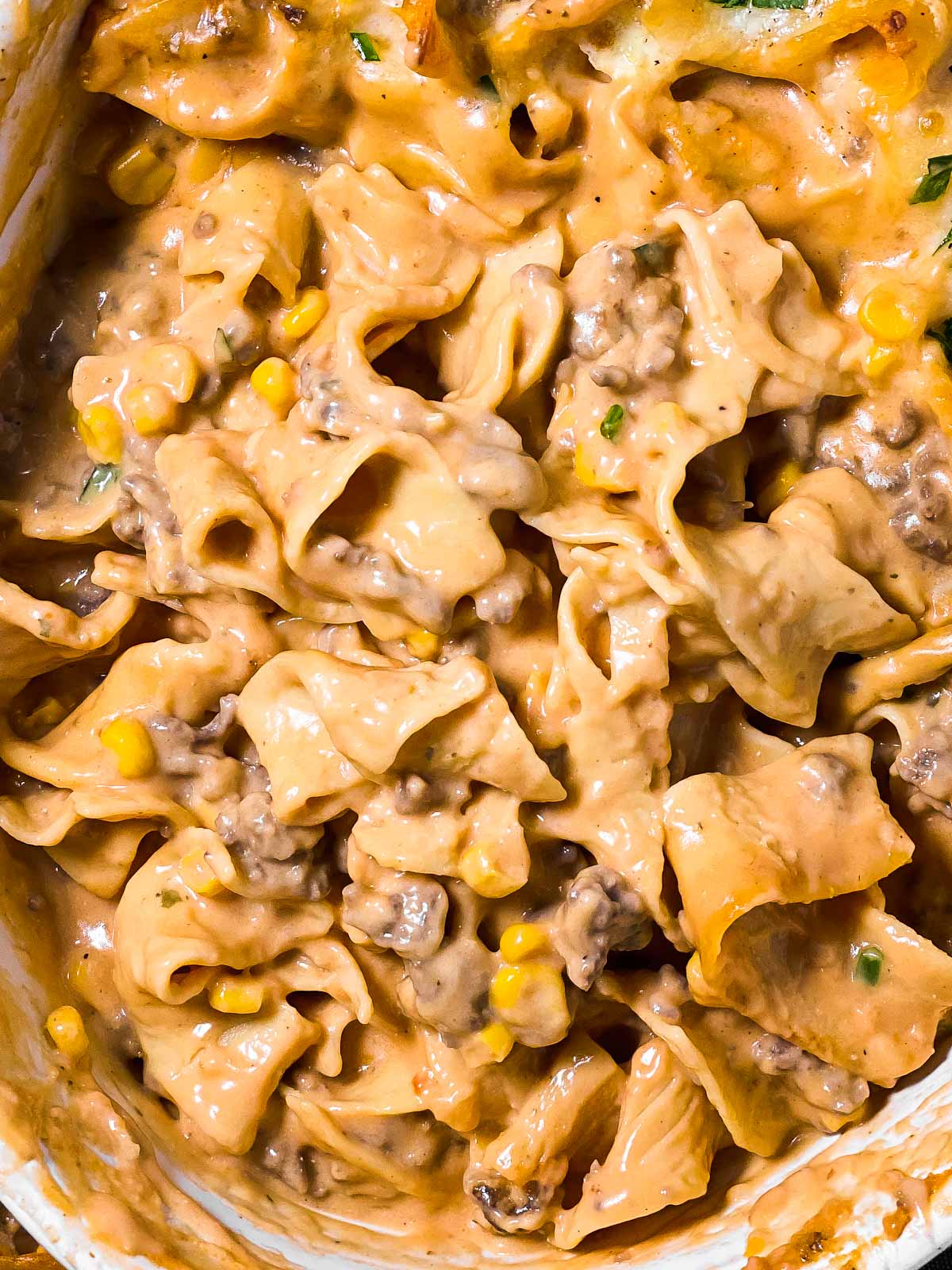 overhead closeup photo of hamburger noodle casserole