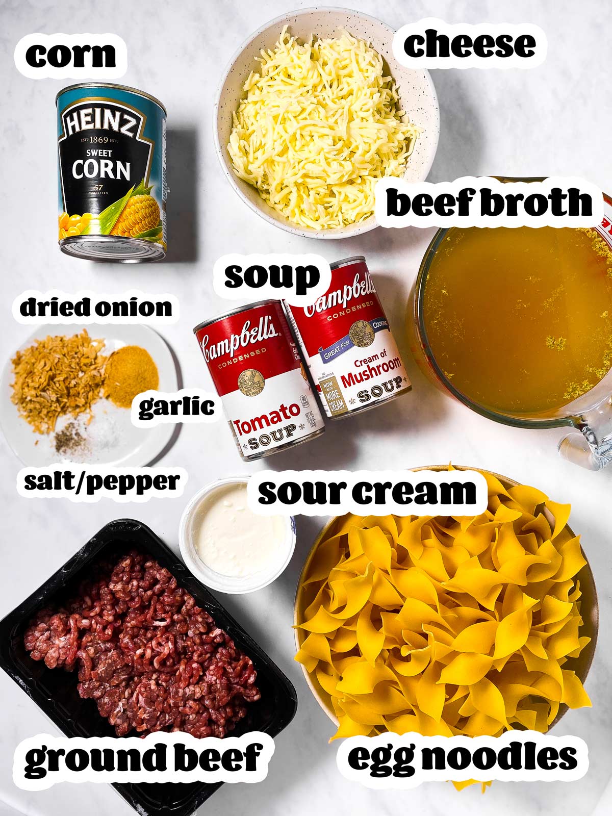 ingredients for hamburger noodle casserole with text labels