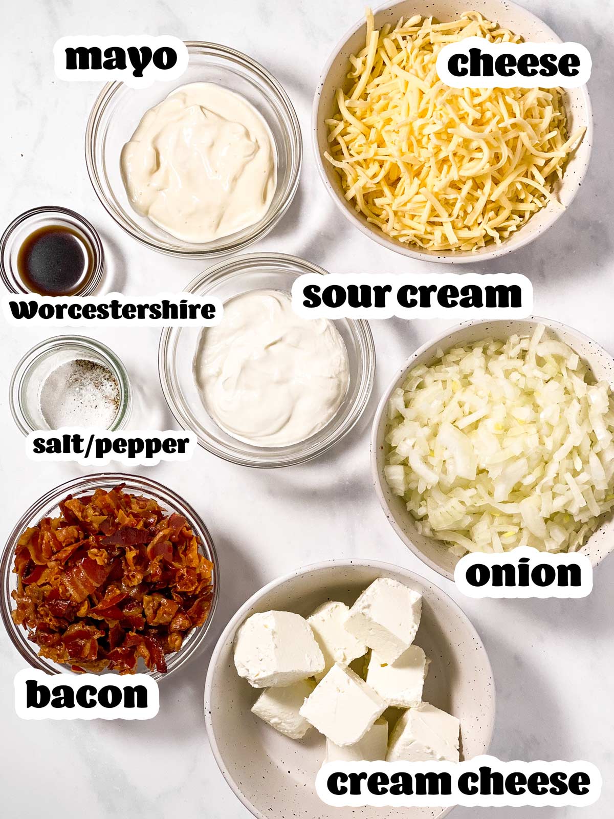 ingredients for hot onion dip with text labels