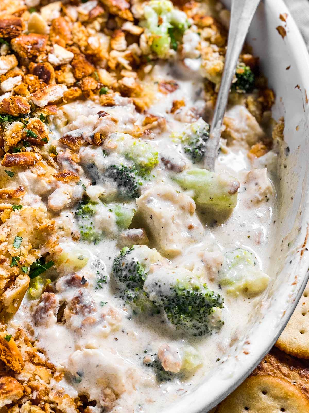 frontal close up of chicken broccoli casserole