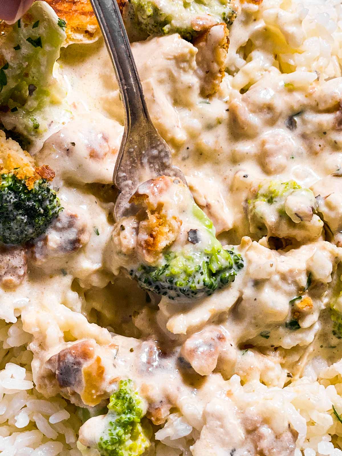 close up photo of fork digging into pile of rice, chicken and broccoli