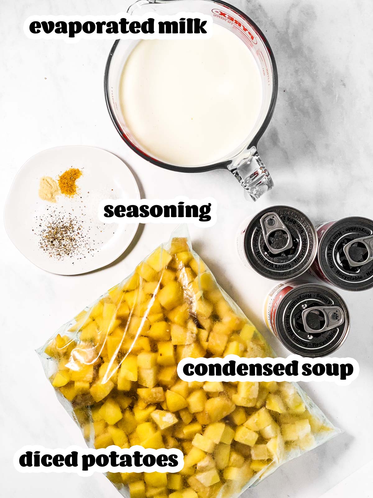 ingredients for potato soup with text labels