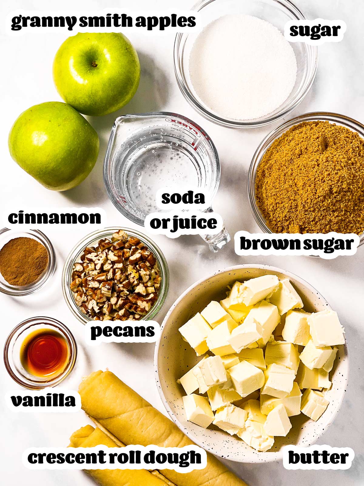 ingredients for crescent roll apple dumplings with text labels