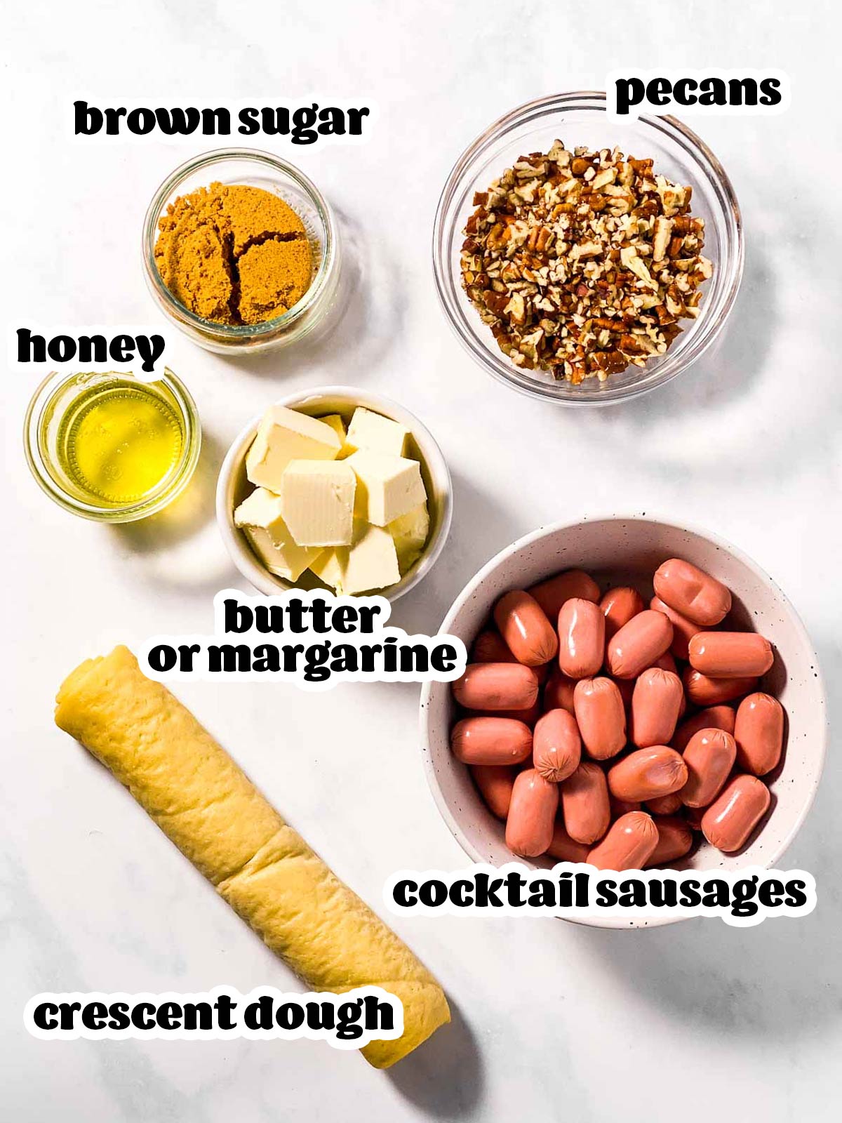 ingredients for sticky pecan little smokies in crescent rolls with text labels