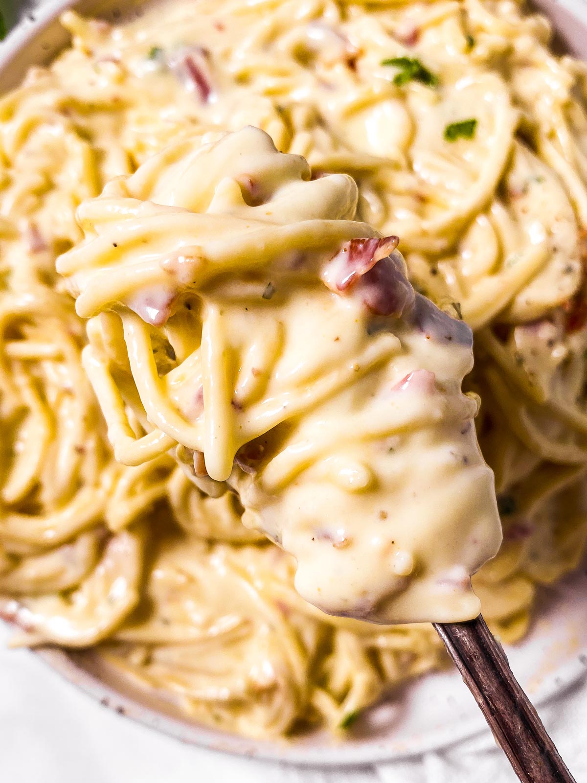 fork with bacon cream cheese pasta hovering over a filled plate