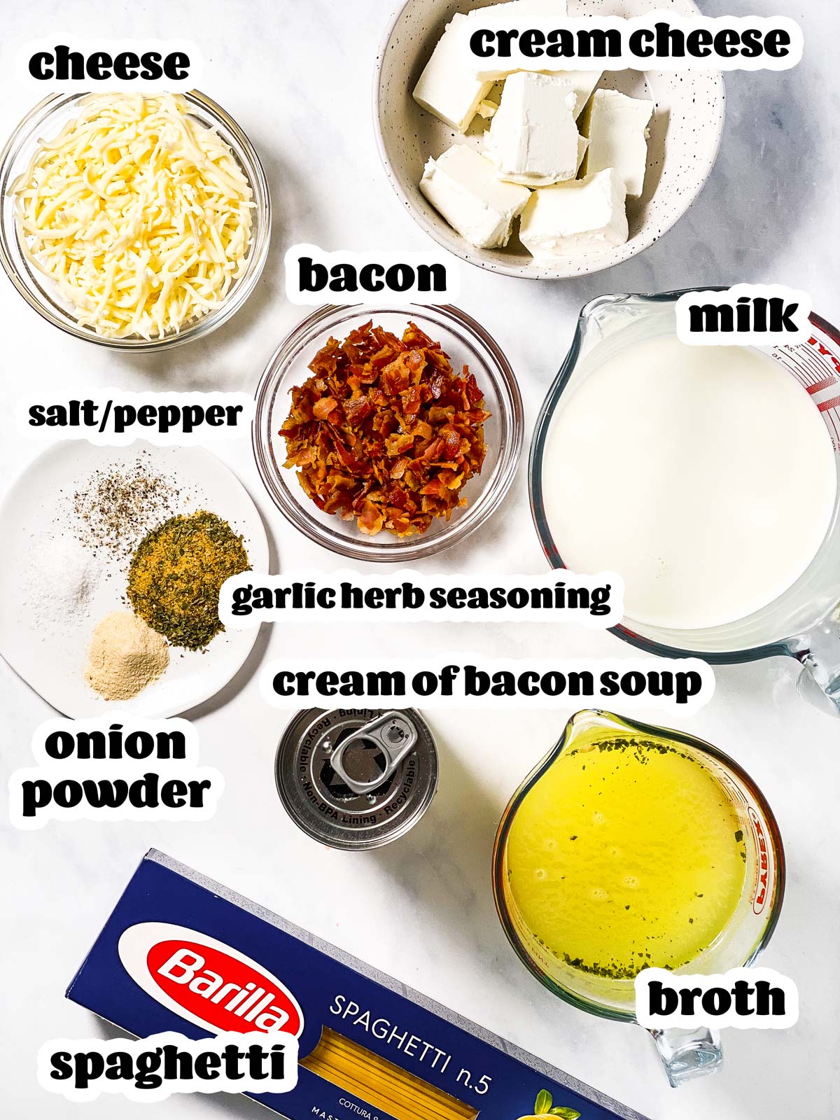 ingredients for bacon cream cheese pasta with text labels