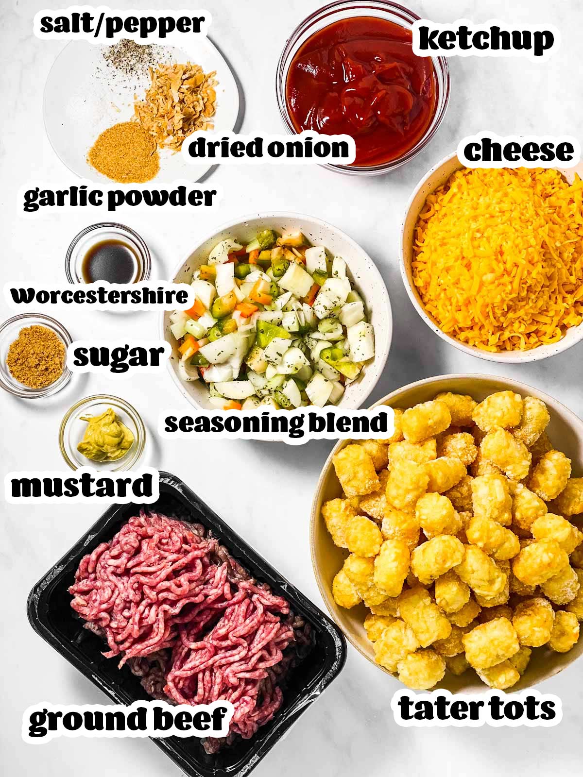 ingredients for sloppy joe tater tot casserole with text labels