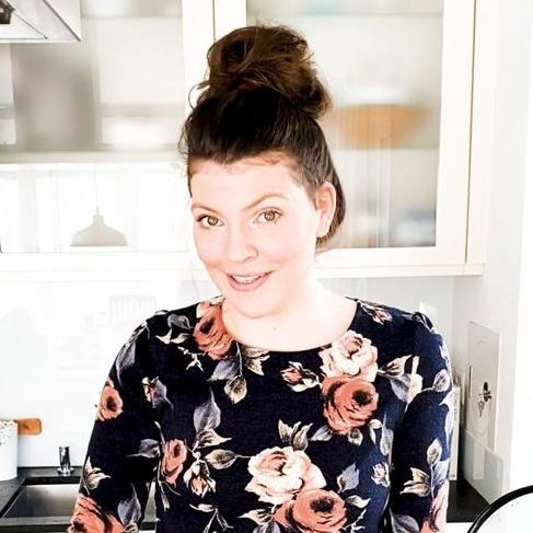 woman in floral shirt